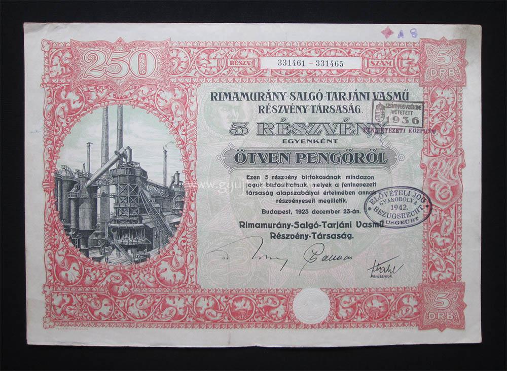 Rimamurány-Salgótarjáni Vasmű részvény 5x50 pengő 1925